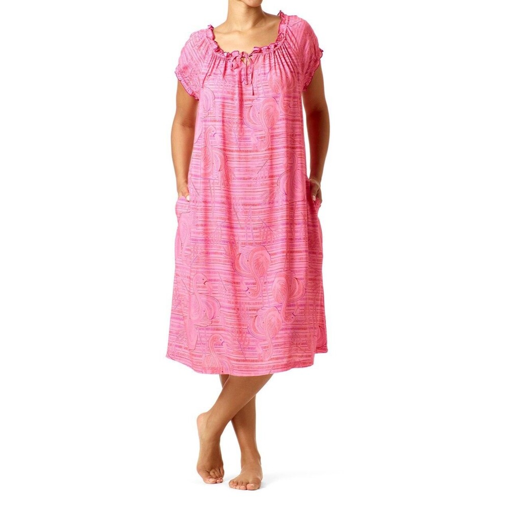Hue Size S Womens Nightgown Shirred Neckline Sleepshirt Carmine Rose Pink Print